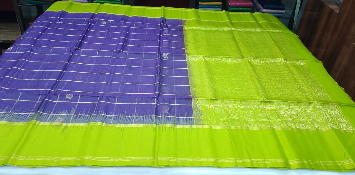 Pure Handloom Soft Silk Saree – Royal Purple & Lime Green with Gold Zari Checks and Woven Pallu