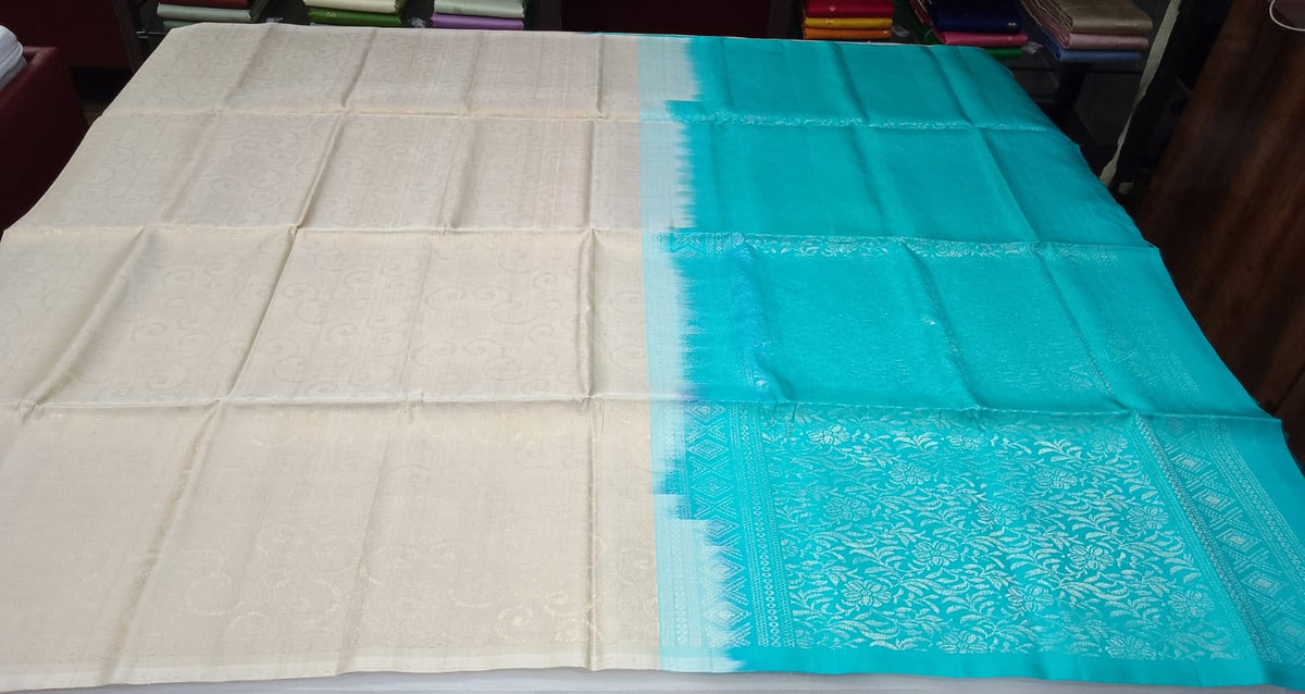 Pure Handloom Soft Silk Borderless Saree – Cream Beige with Turquoise Blue Pallu