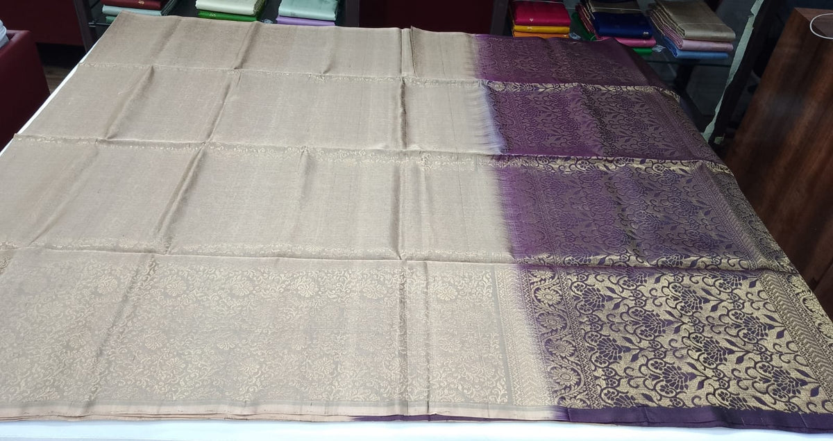 Pure Handloom Soft Silk Borderless Saree – Taupe Beige with Deep Wine Plum Pallu