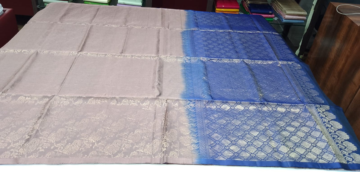 Pure Handloom Soft Silk Saree – Dusty Mauve Rose with Royal Blue Brocade Pallu