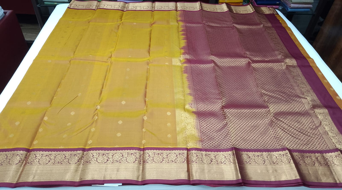 Pure Handloom Kanjivaram Silk Saree – Mustard Gold & Maroon Dual Shade with Zari Border