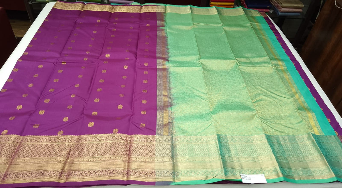 Pure Handloom Kanjivaram Silk Saree – Plum Purple & Mint Green with Rich Gold Zari
