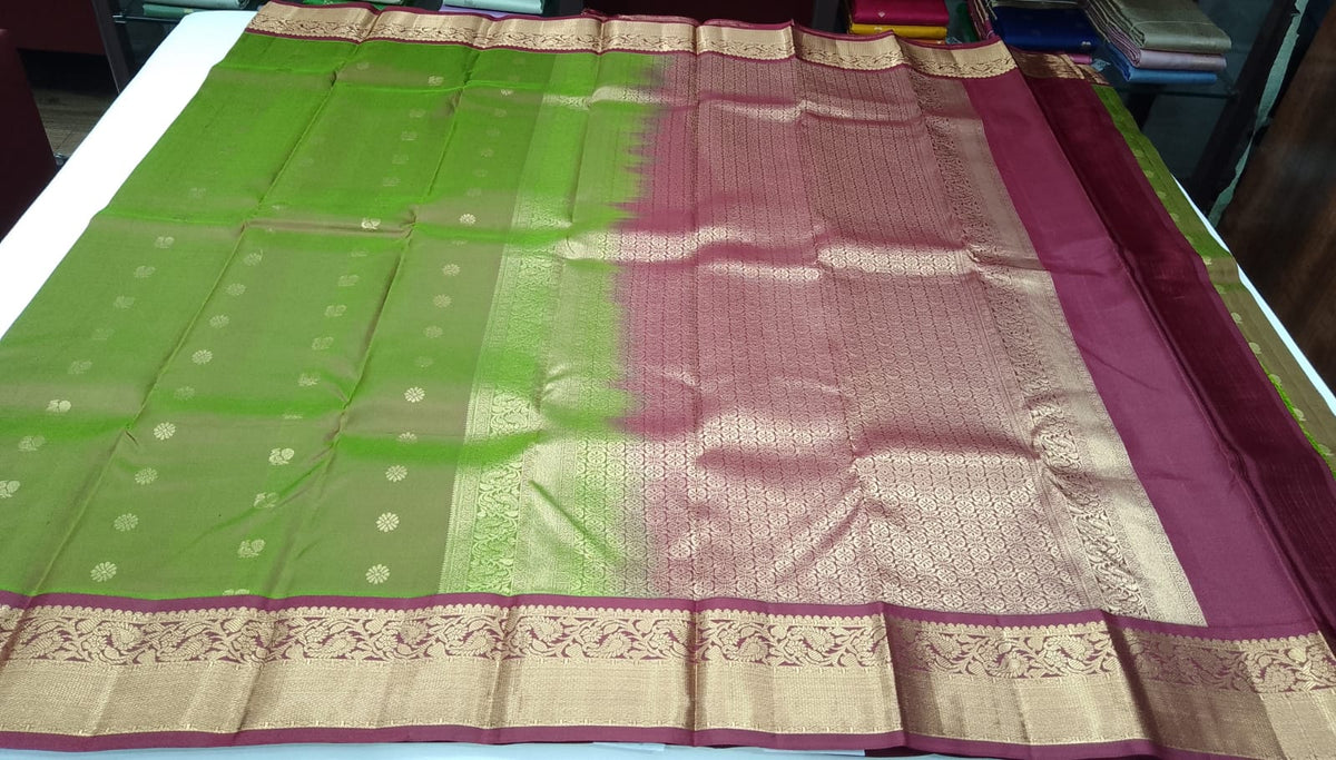 Pure Handloom Kanjivaram Dual Tone Silk Saree – Olive Green & Wine Mauve with Zari Buttas