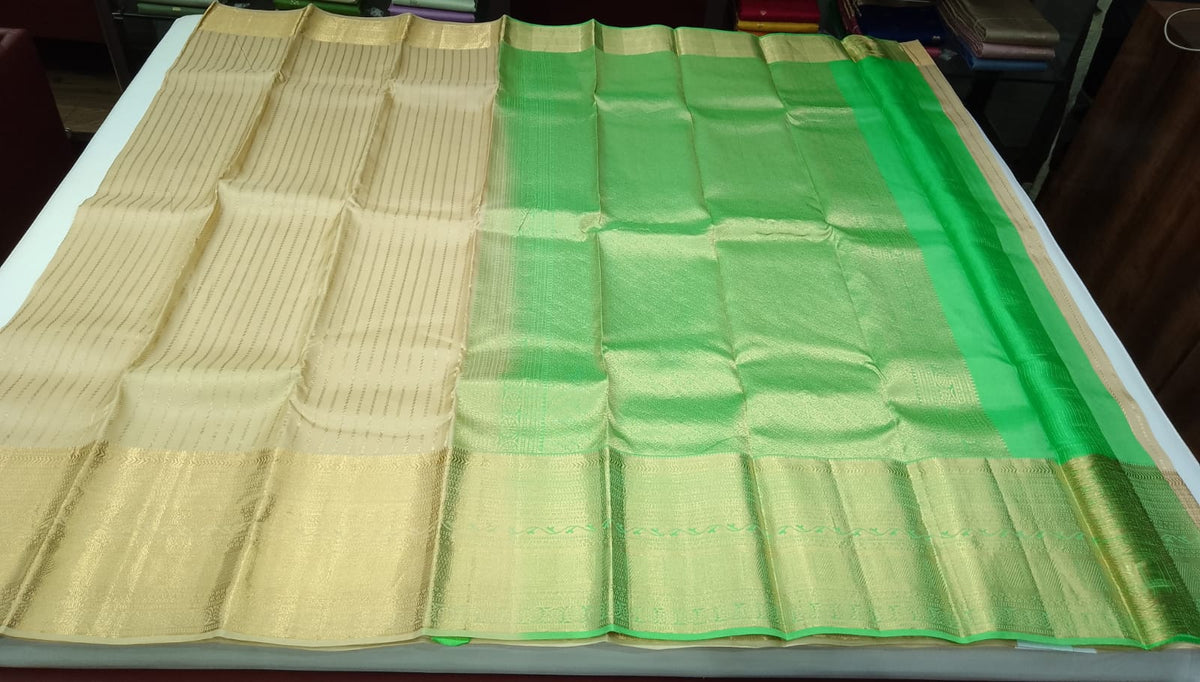 Pure Handloom Kanjivaram Dual Shade Silk Saree – Champagne Beige & Green with Zari