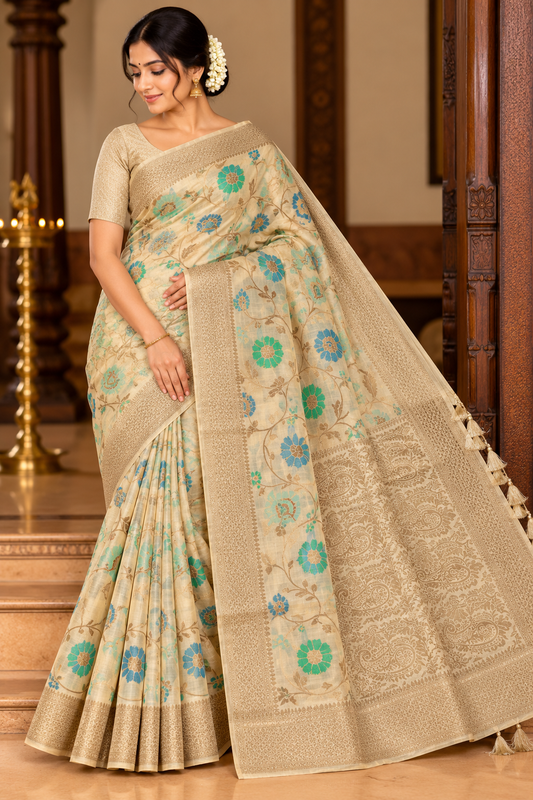 Champagne Beige Cotton Silk Saree with Sea Green & Blue Floral Weaves