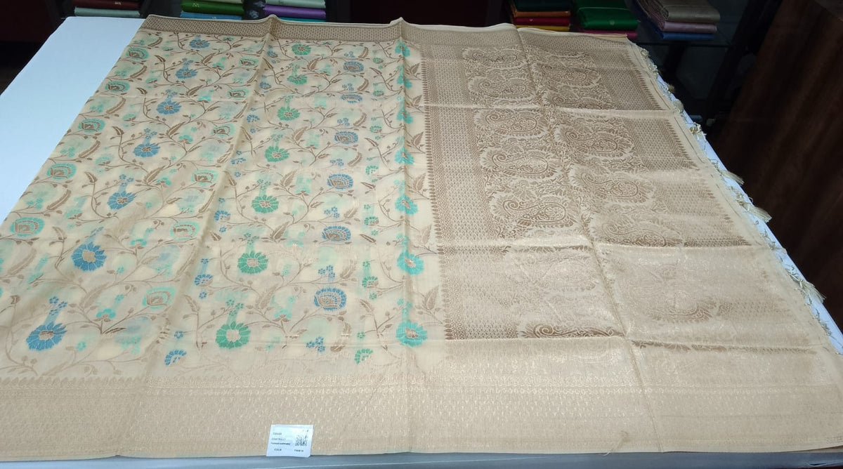 Champagne Beige Cotton Silk Saree with Sea Green & Blue Floral Weaves