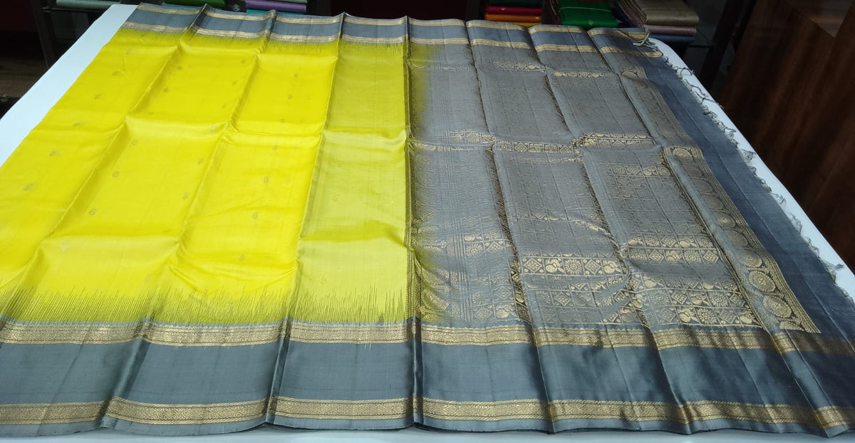 Pure Handloom Soft Silk Saree – Lime Yellow & Slate Grey with Antique Gold Zari
