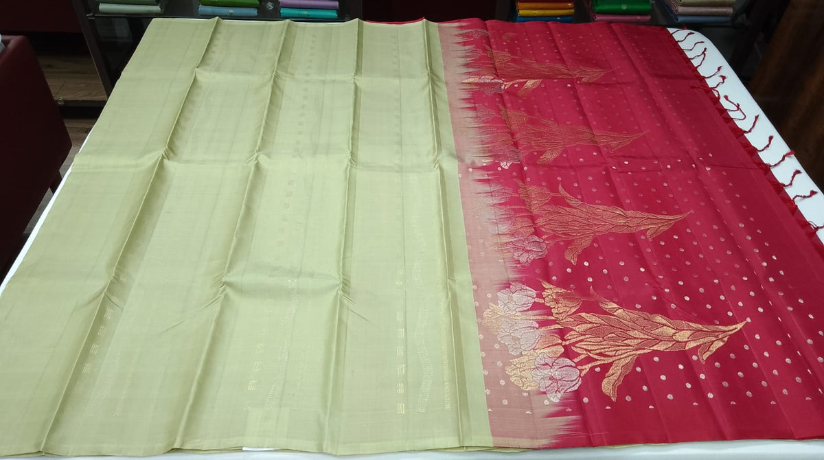Pure Handloom Soft Silk Borderless Saree in Sage Green with Rich Rani Pink Designer Pallu