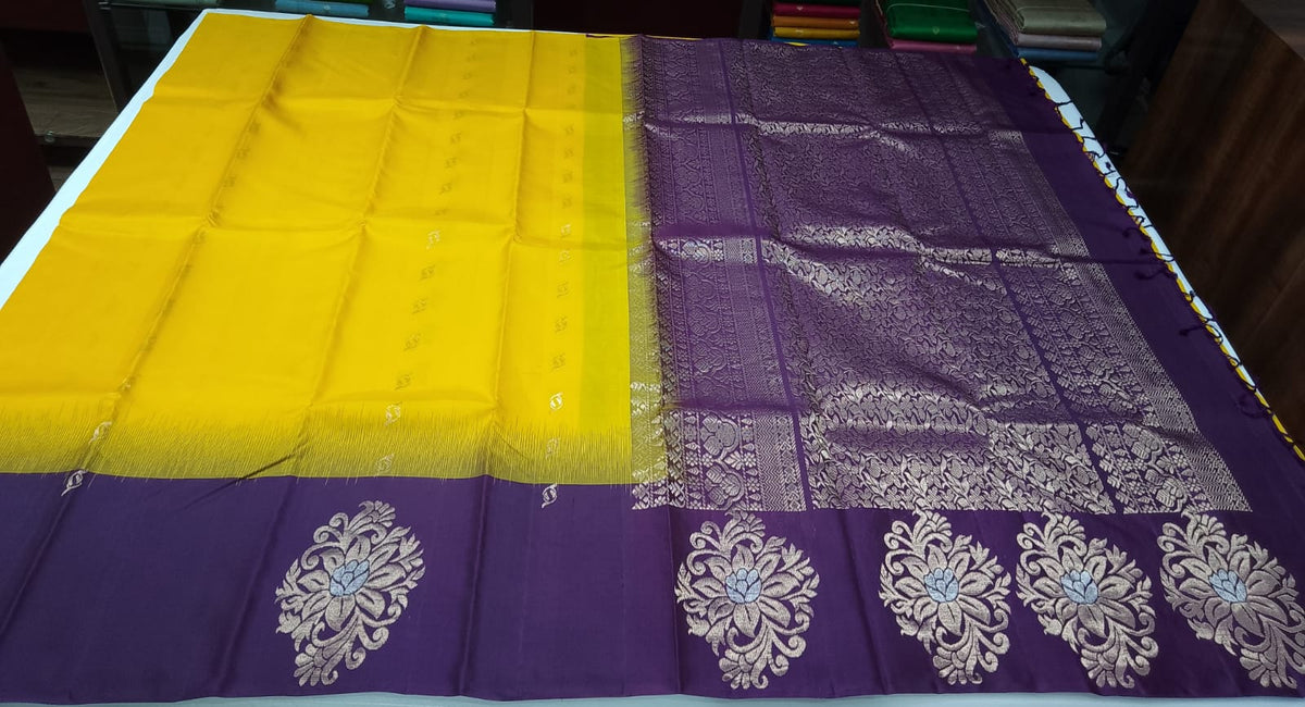 Pure Handloom Soft Silk Saree in Rich Golden Yellow with Deep Plum Purple