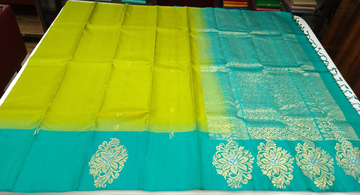 Pure Handloom Soft Silk Saree in Lime Green with Bright Teal Blue Zari Pallu