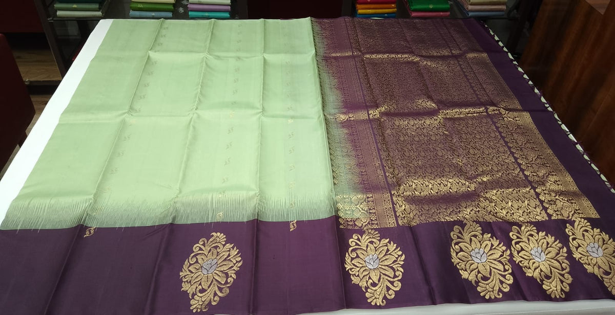 Pure Handloom Soft Silk Saree in Pistachio Green with Deep Wine Purple Floral Pallu
