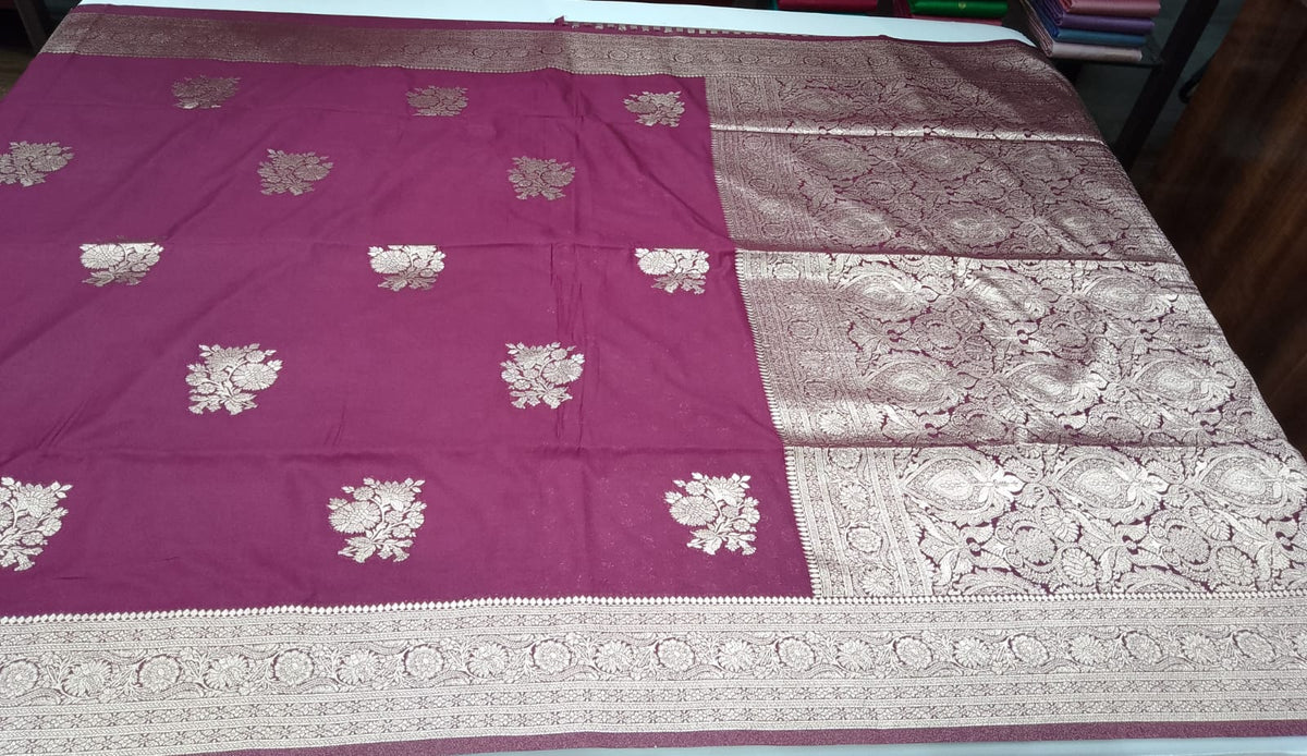 Wine Maroon Banarasi Soft Georgette Saree with Silver Zari Floral Buttas and Rich Brocade Pallu