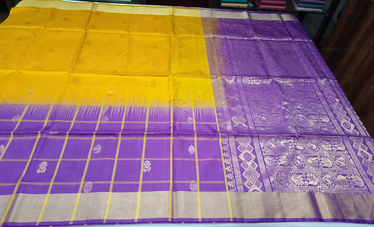 Pure Handloom Soft Silk Saree in Mustard Yellow & Royal Purple with Gold Zari Pallu