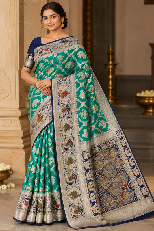 Banarasi Semi Silk- Peacock Green with Antique Gold Zari, Elephant Motifs & Navy Blue Brocade Border