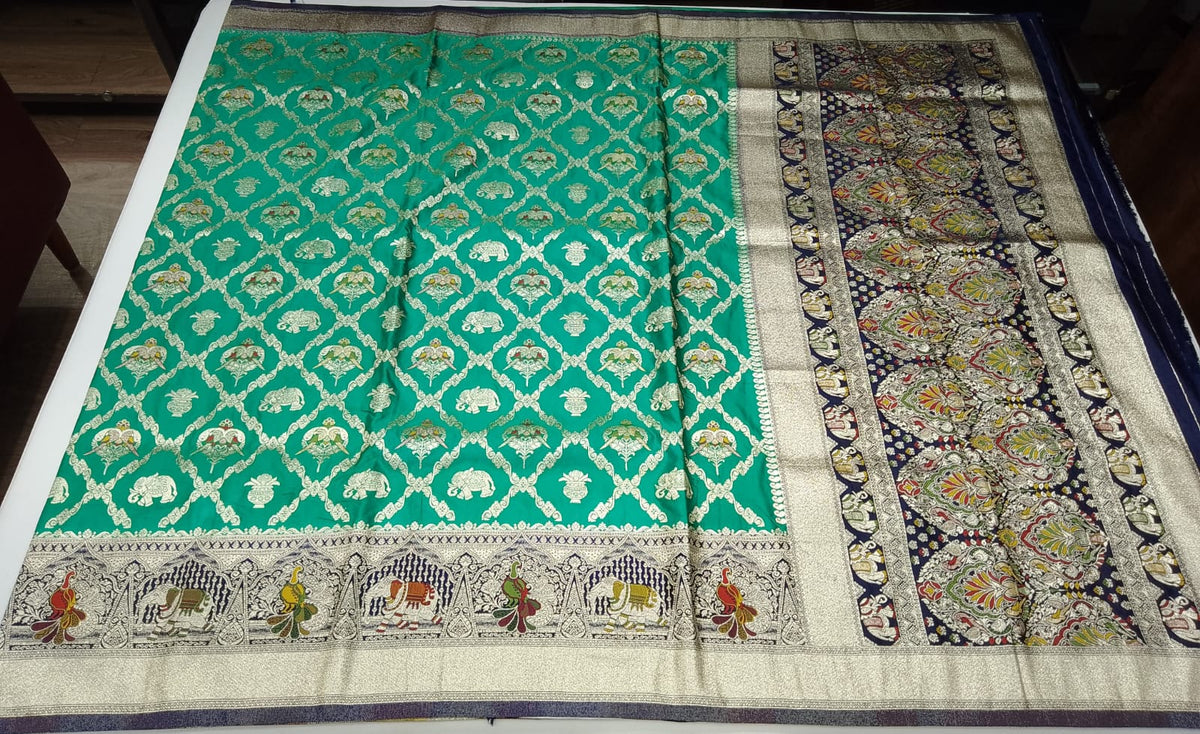 Banarasi Semi Silk- Peacock Green with Antique Gold Zari, Elephant Motifs & Navy Blue Brocade Border