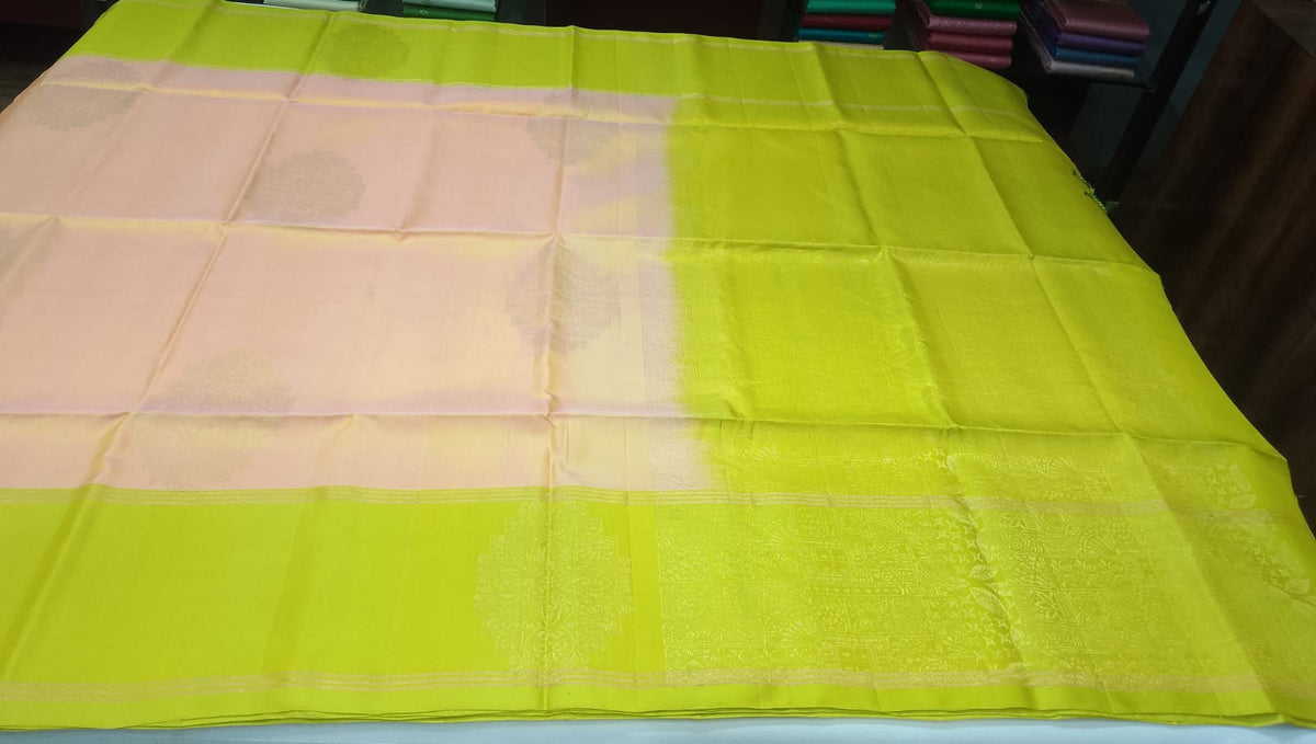 Pure Handloom Soft Silk Saree in Peach with Lime Green Border and Pallu