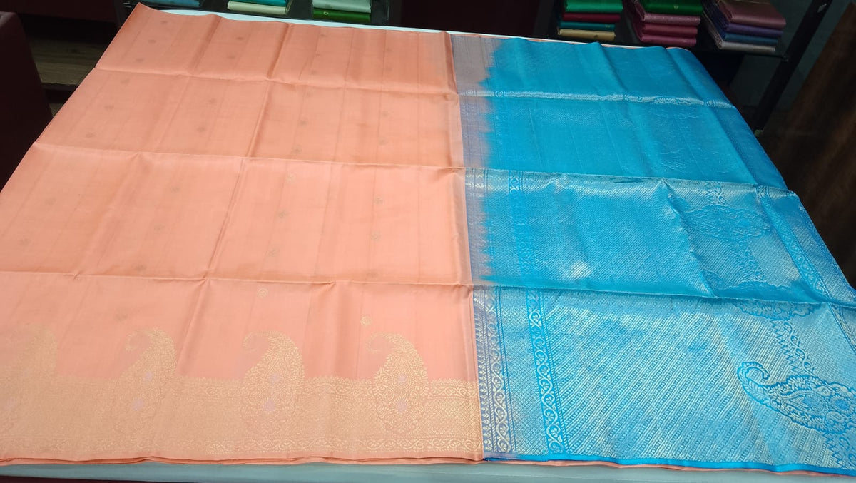 Pure Handloom Soft Silk Saree in Peach with Sky Blue Pallu