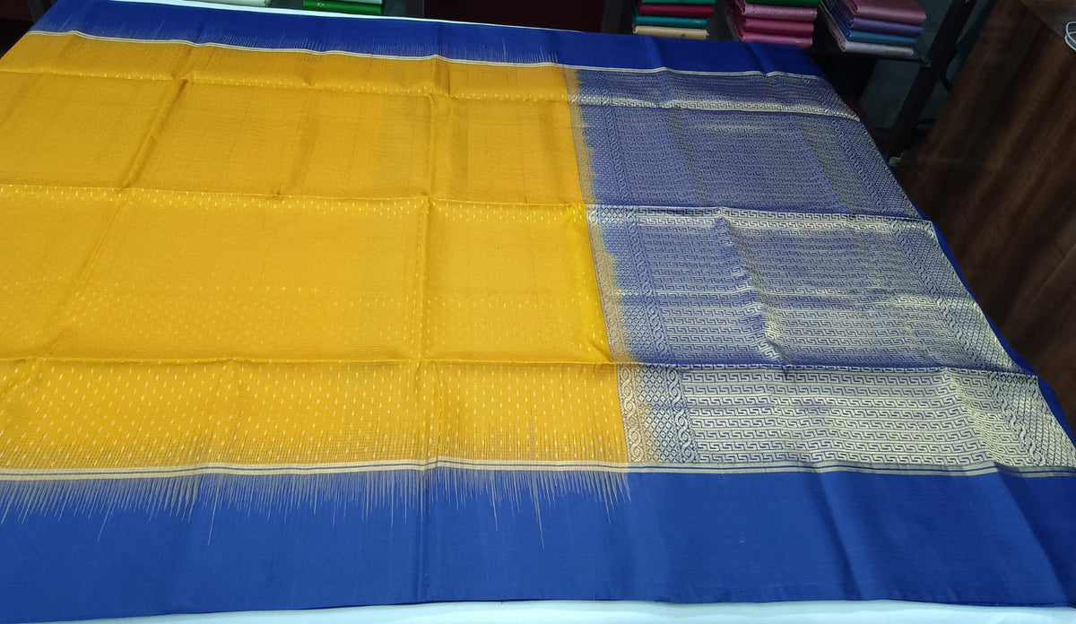 Pure Handloom Soft Silk Saree in Mustard Yellow with Royal Blue Zari Pallu