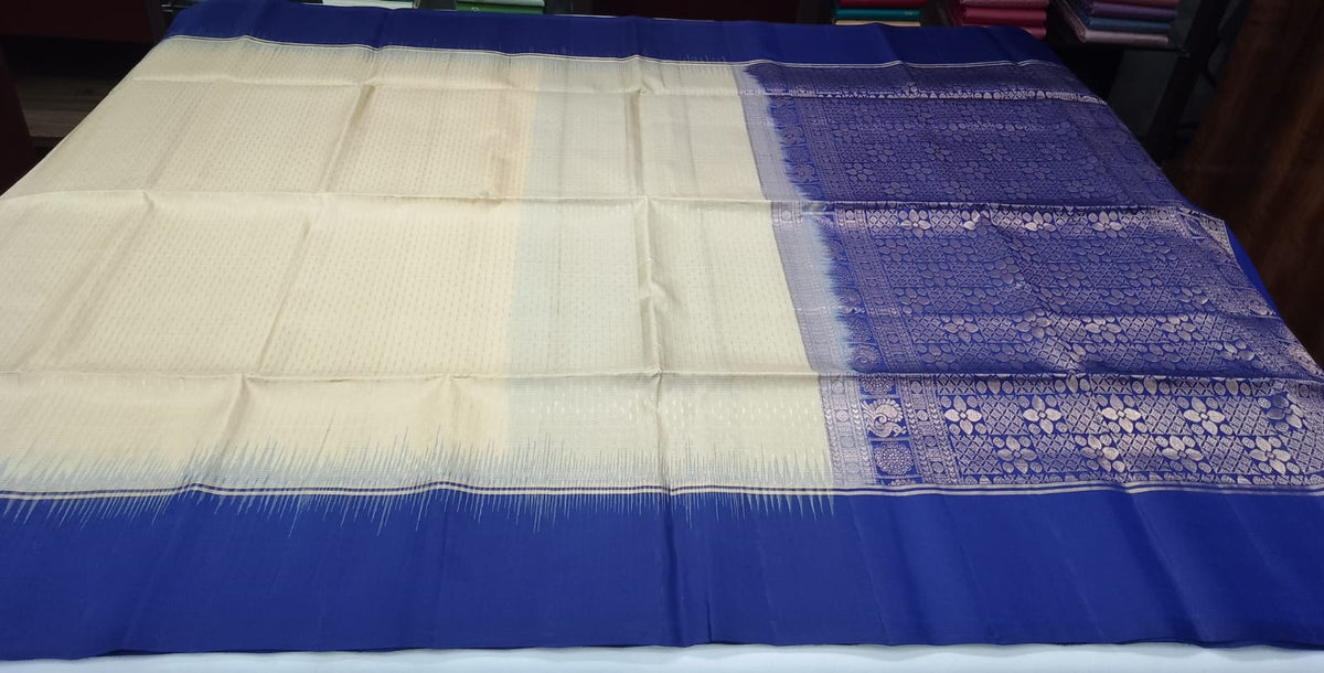 Pure Handloom Soft Silk Saree in Cream Beige with Royal Blue Zari Pallu