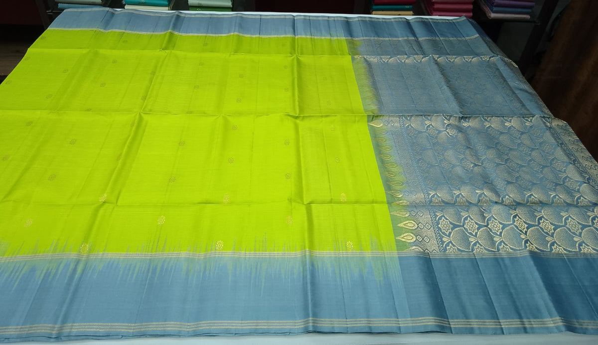 Pure Handloom Soft Silk Saree in Lime Green with Steel Blue Zari Pallu
