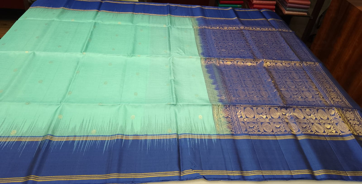 Pure Handloom Soft Silk Saree – Sea Green with Royal Blue Zari Pallu