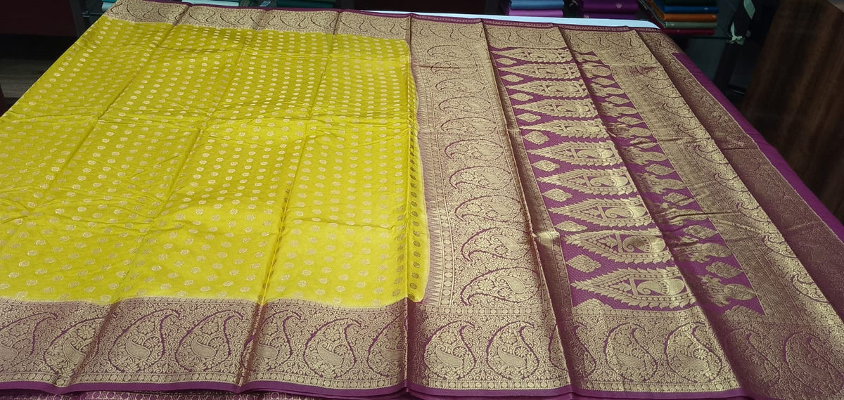 Semi Silk Butta Saree – Mustard Yellow with Wine Purple Rich Zari Border & Grand Pallu