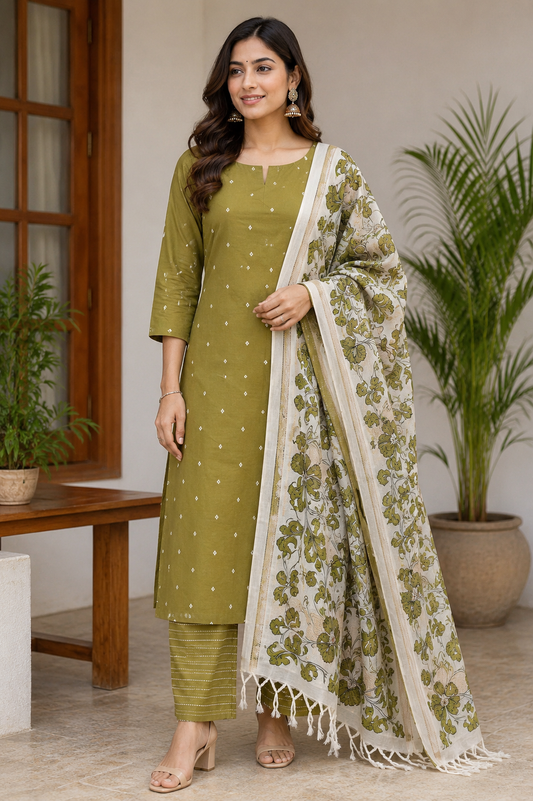 Olive Green Cotton Silk Unstitched Salwar Suit with Floral Printed Dupatta