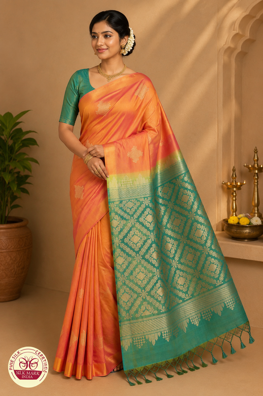 Pure Handloom Dual Tone Borderless - Sunset Orange with pink & Sea Green