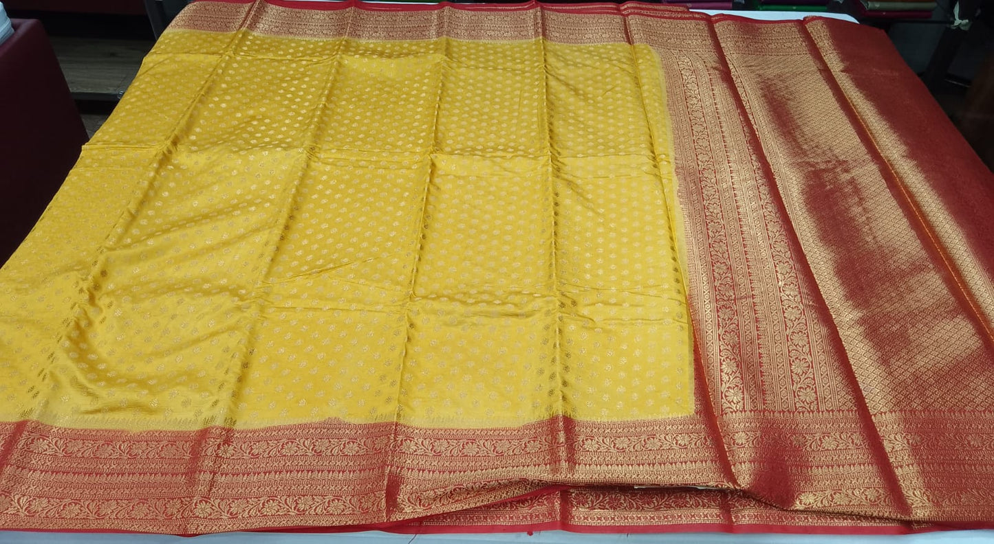Semi Silk Butta Saree – Golden Yellow with Vermilion Red Rich Zari Border & Grand Pallu