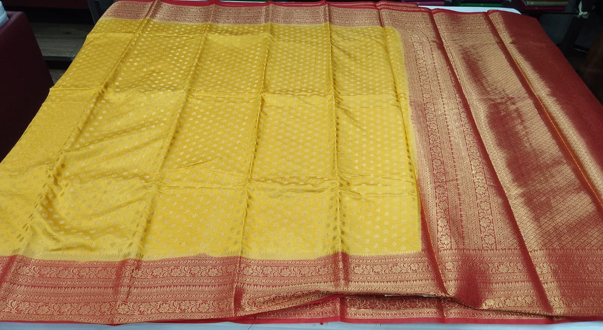 Semi Silk Butta Saree – Golden Yellow with Vermilion Red Rich Zari Border & Grand Pallu