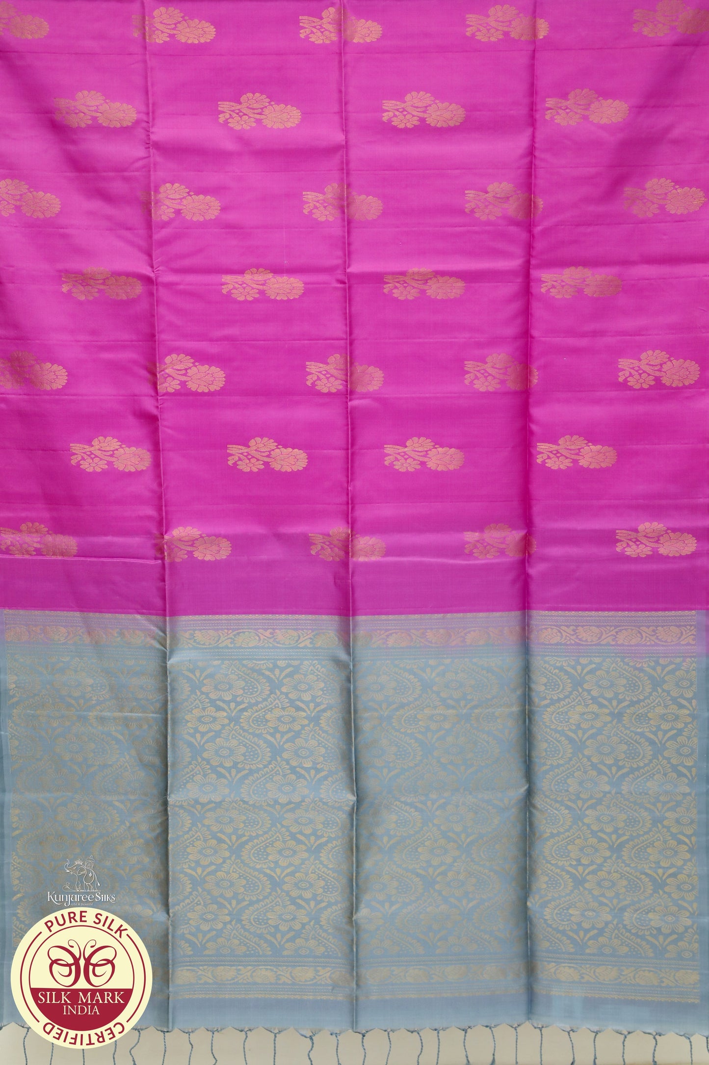 Pink with Gray gold line Boarder Less Pure Silk Saree