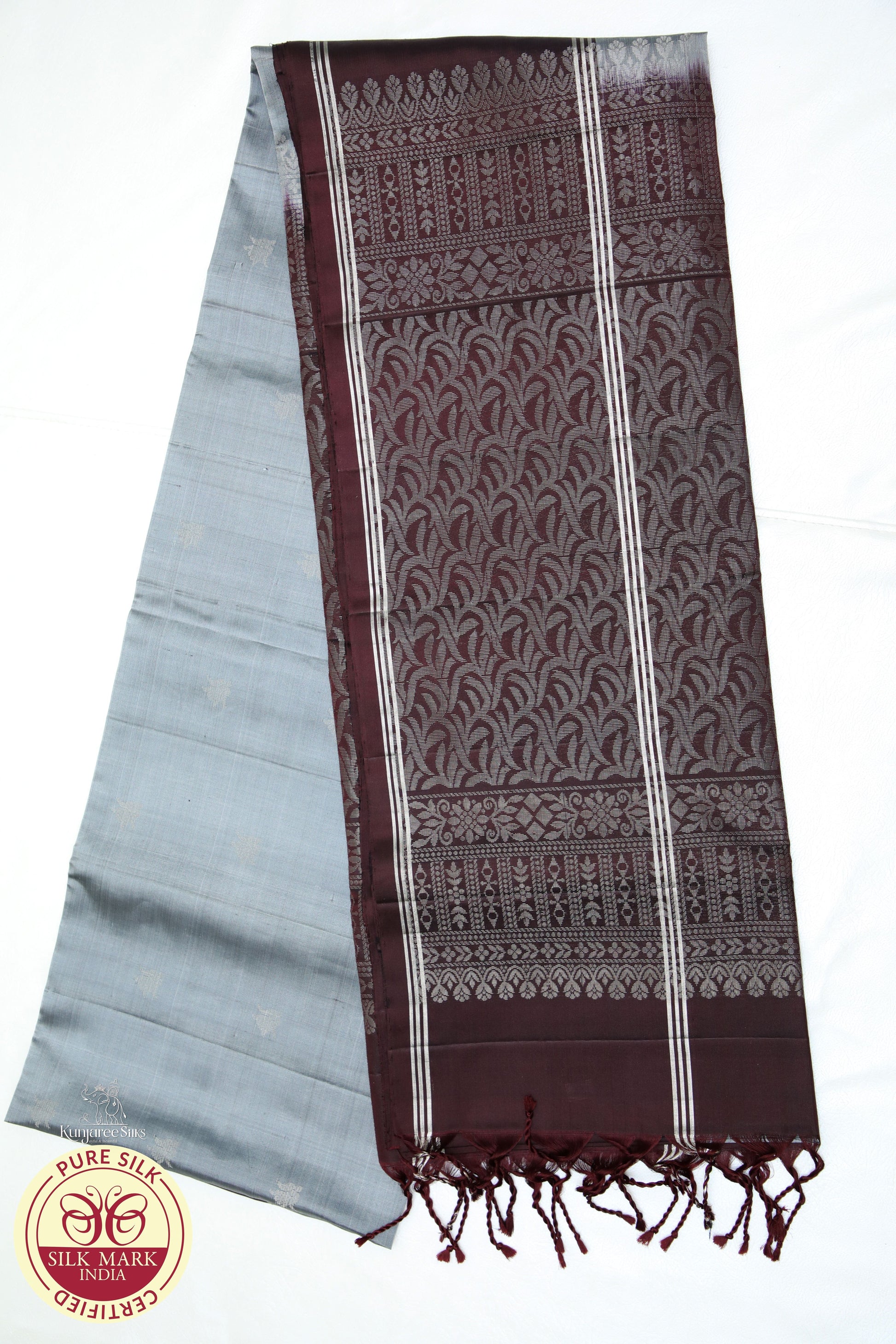 Gray Brown contrast boarder Pure Silk Saree