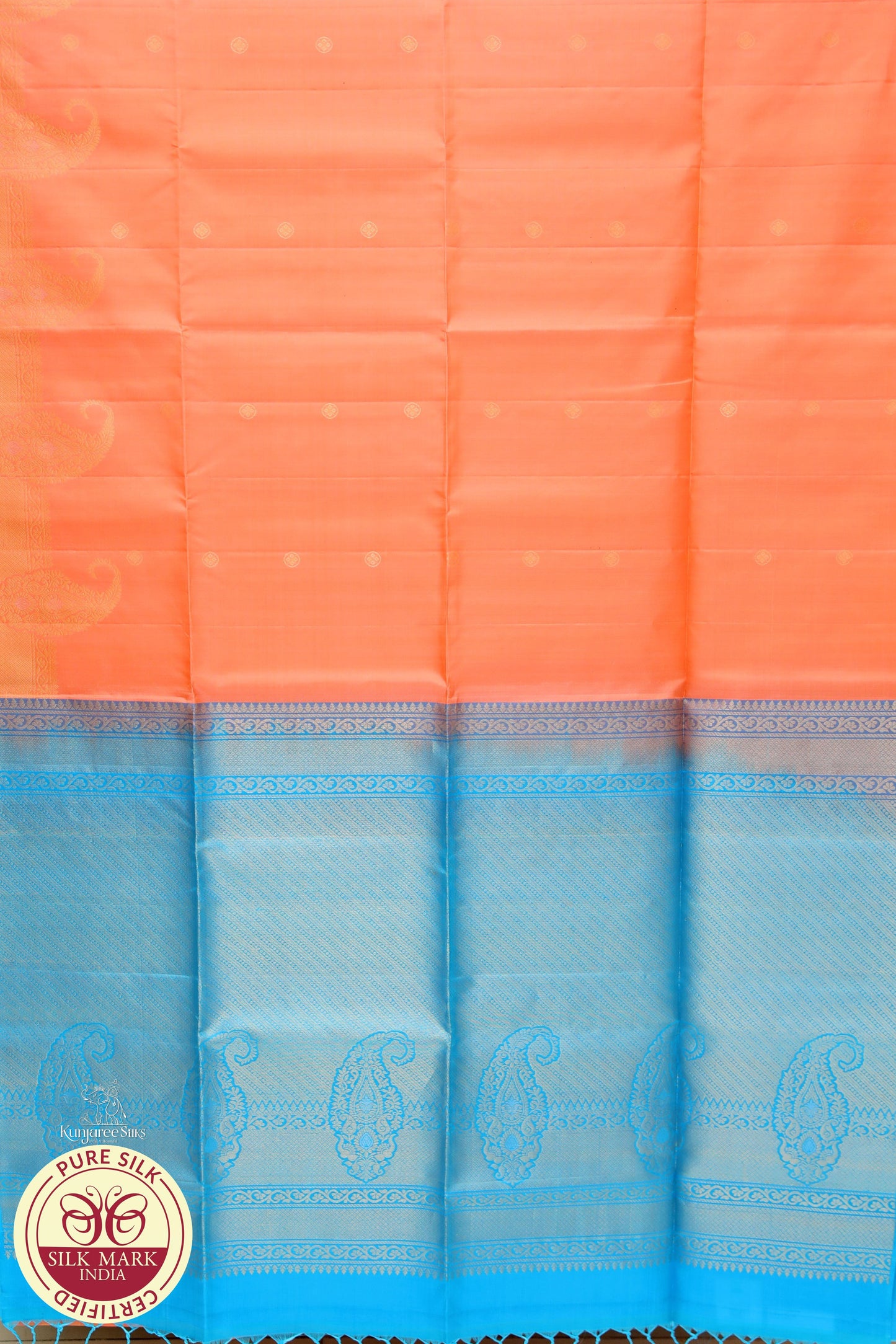 Blue with Orange Pure Silk Saree