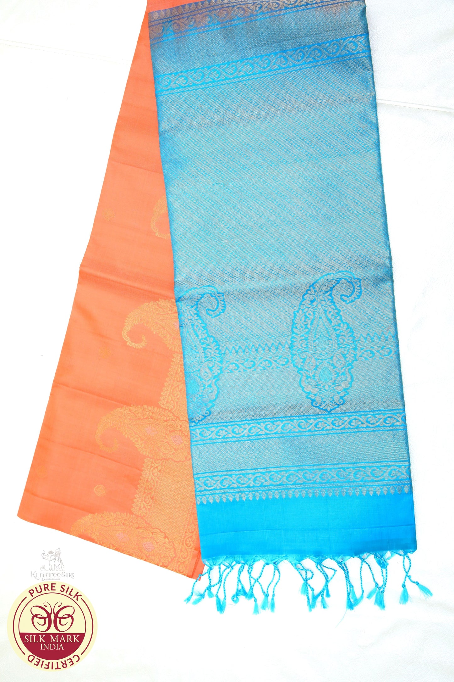 Blue with Orange Pure Silk Saree