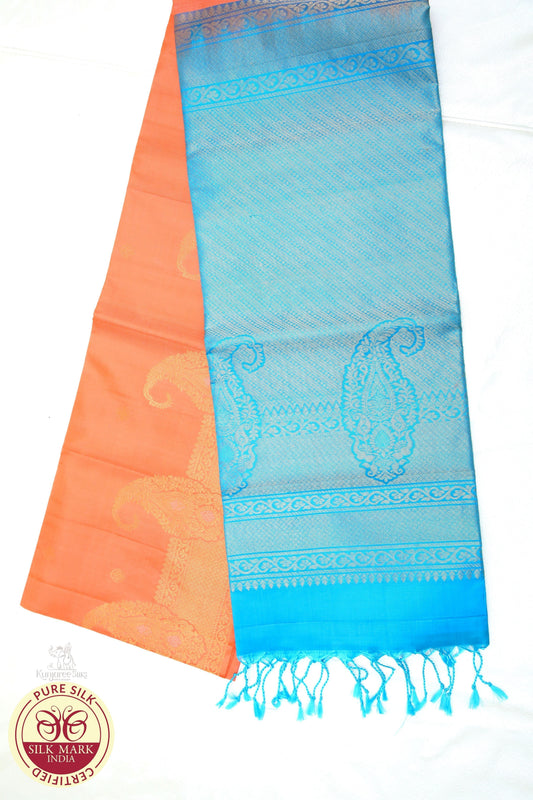 Orange with Blue Color Pure Silk Saree