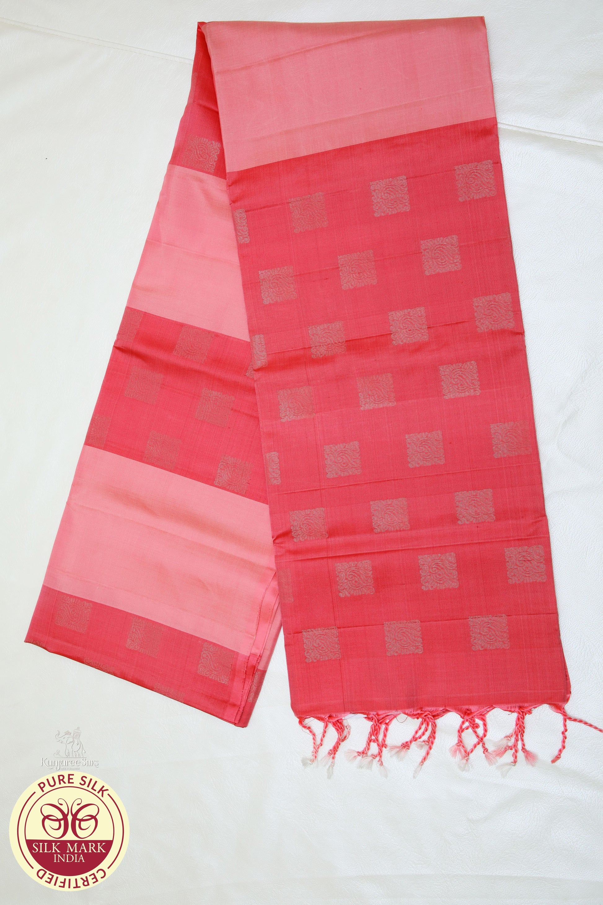 Red with pink small putta Pure silk Saree