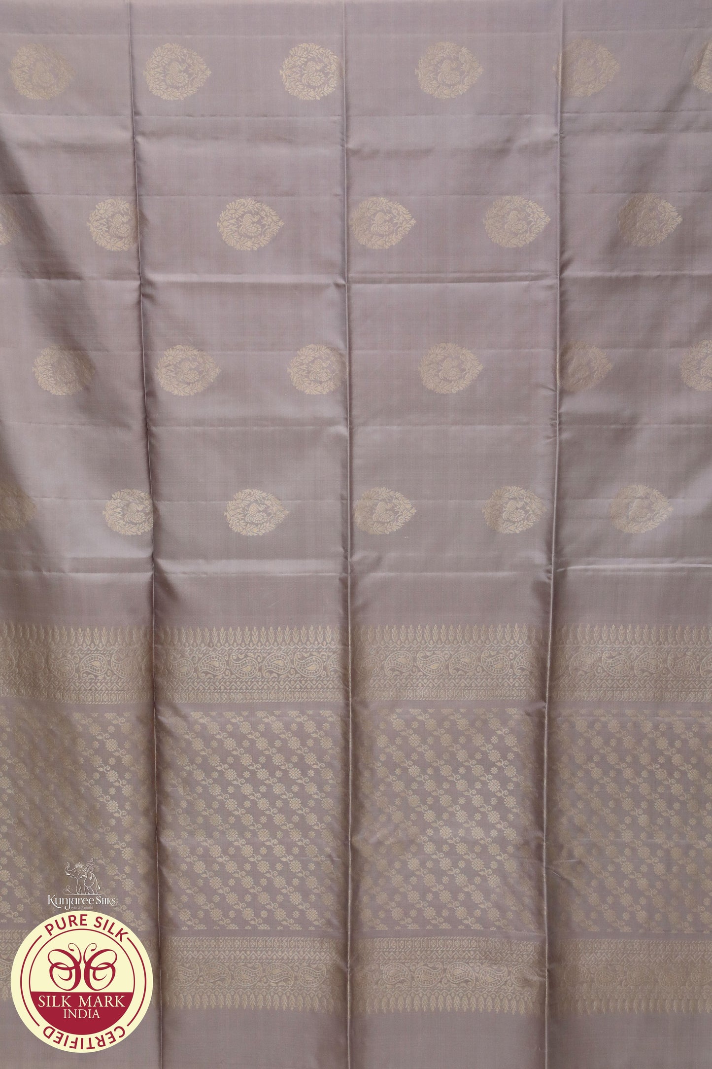 Gray with Gold Self Boarder less Pure Silk Saree