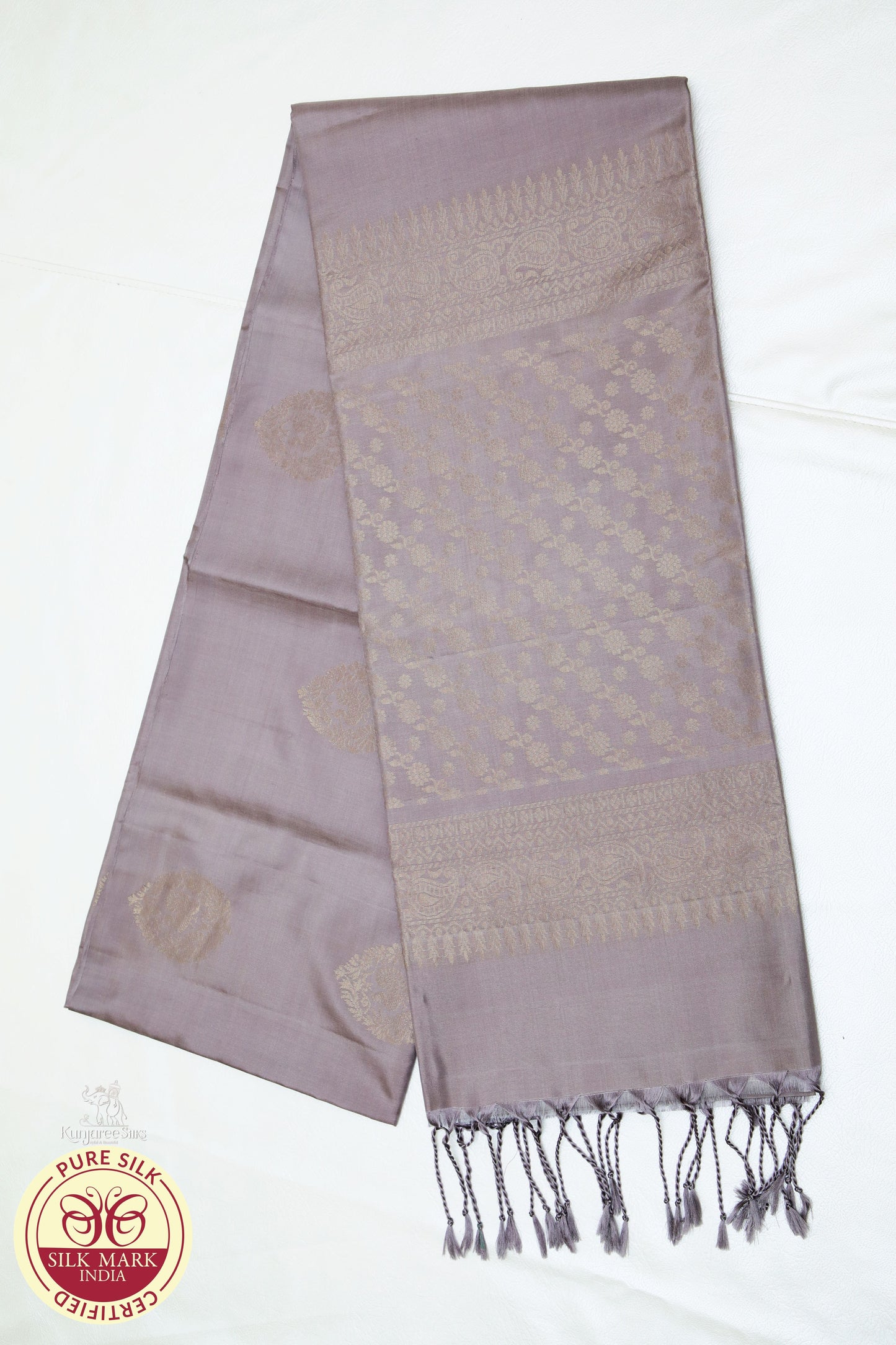 Gray with Gold Self Boarder less Pure Silk Saree