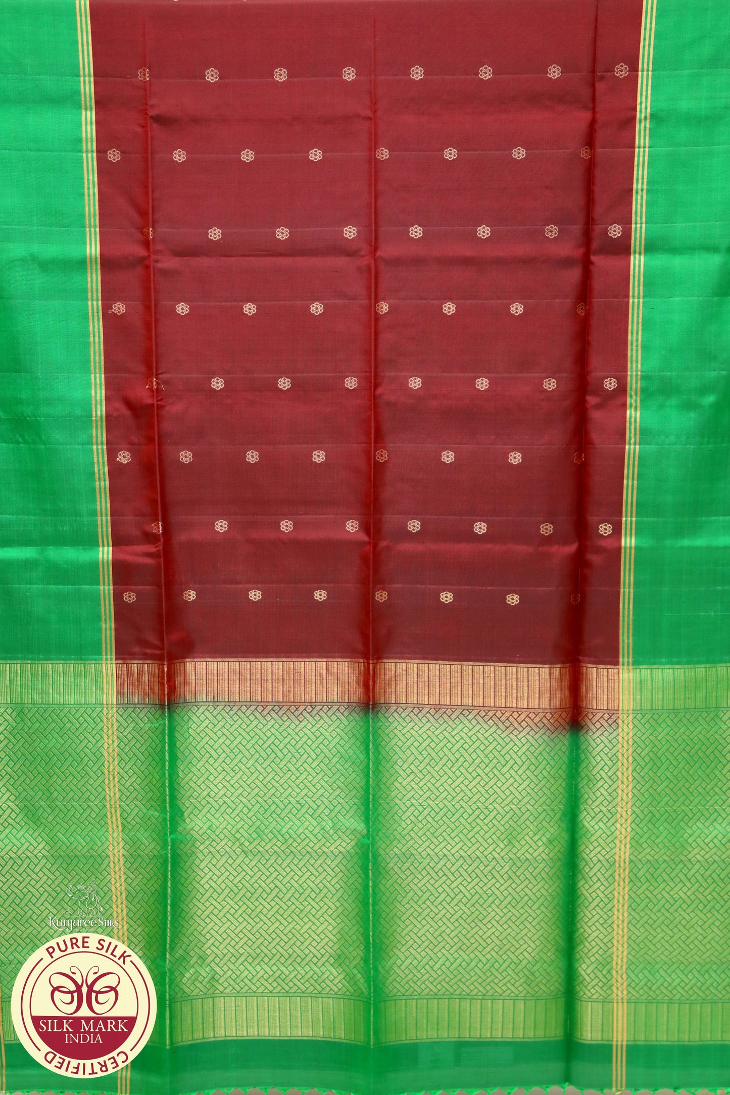 Green with Brown Gold checks contrest boarder pure silk saree