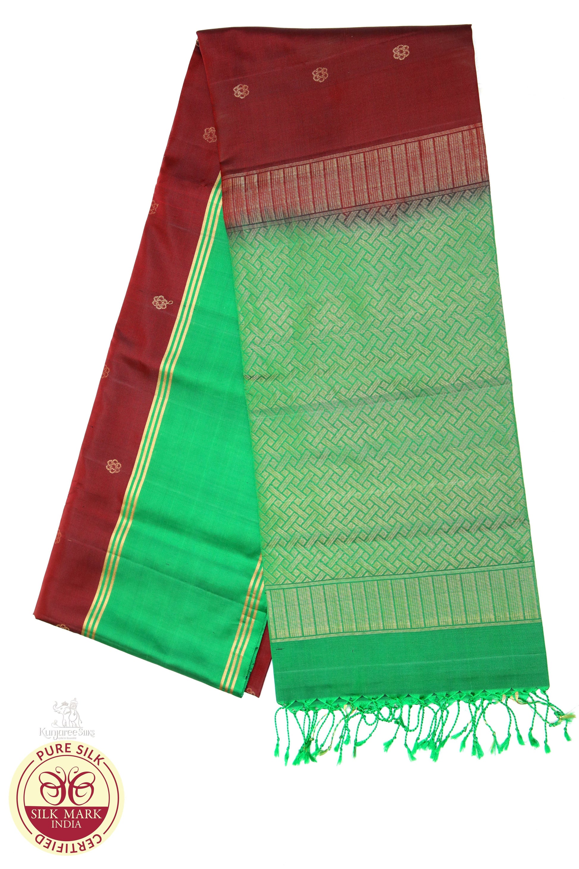 Green with Brown Gold checks contrest boarder pure silk saree