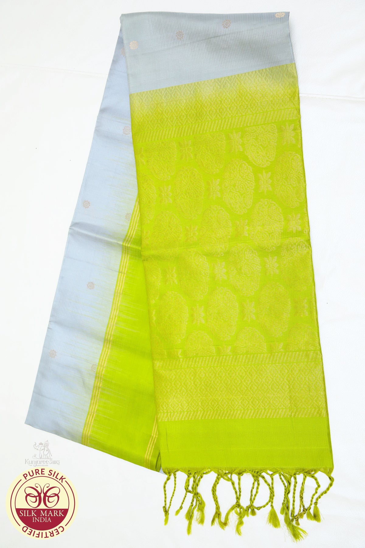 Grey with Parrot Green Color Pure Silk Saree