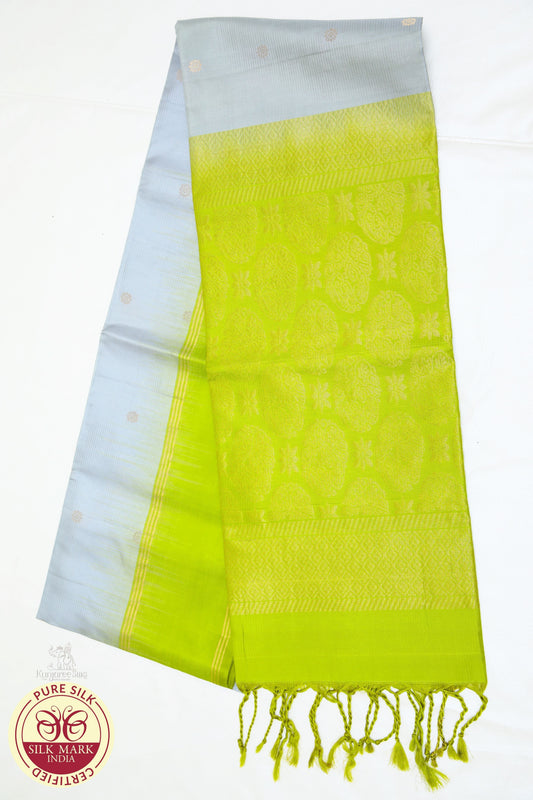 Grey with Parrot Green Color Pure Silk Saree