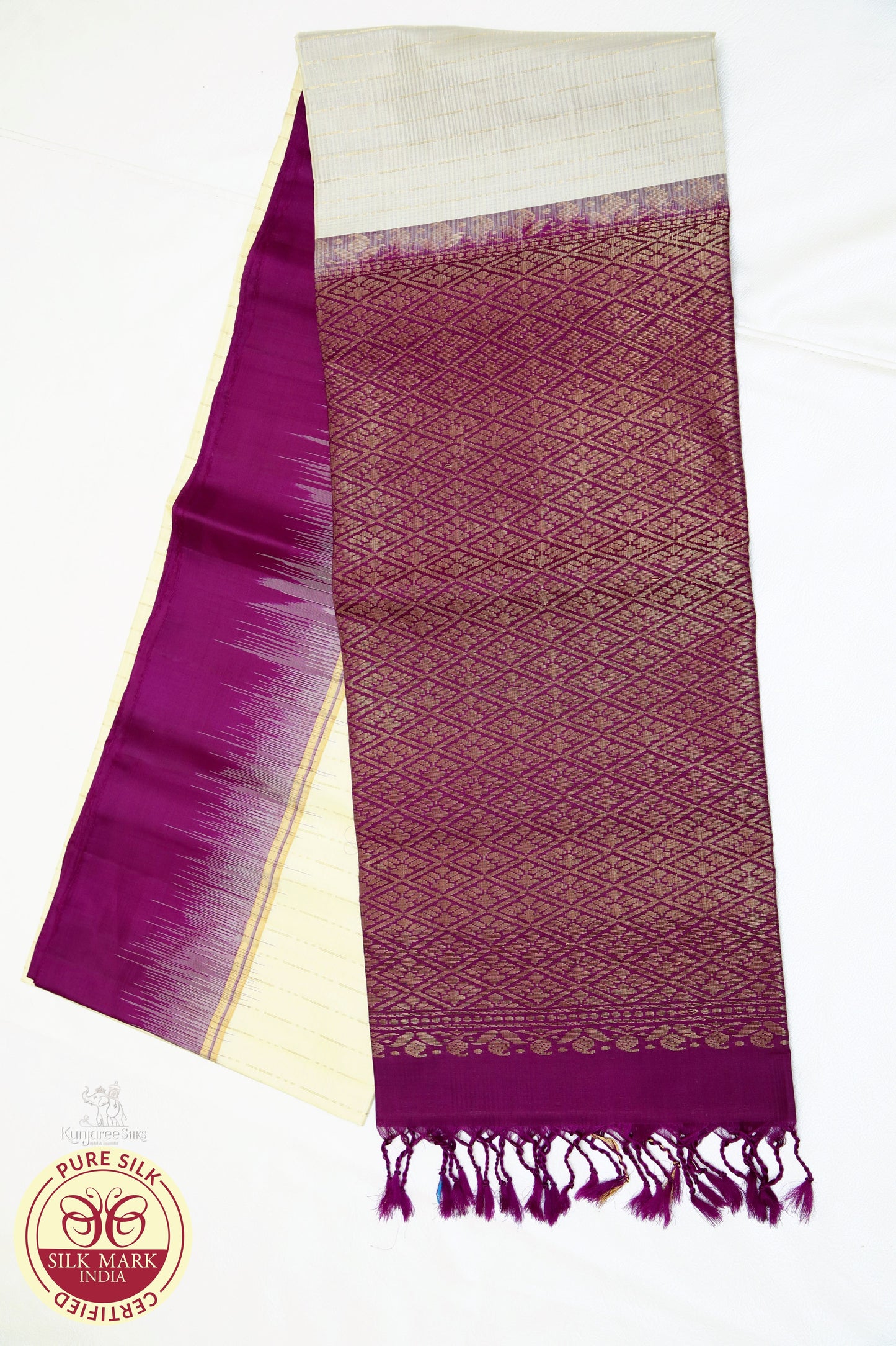 Purple with cream gold line code pure silk Saree