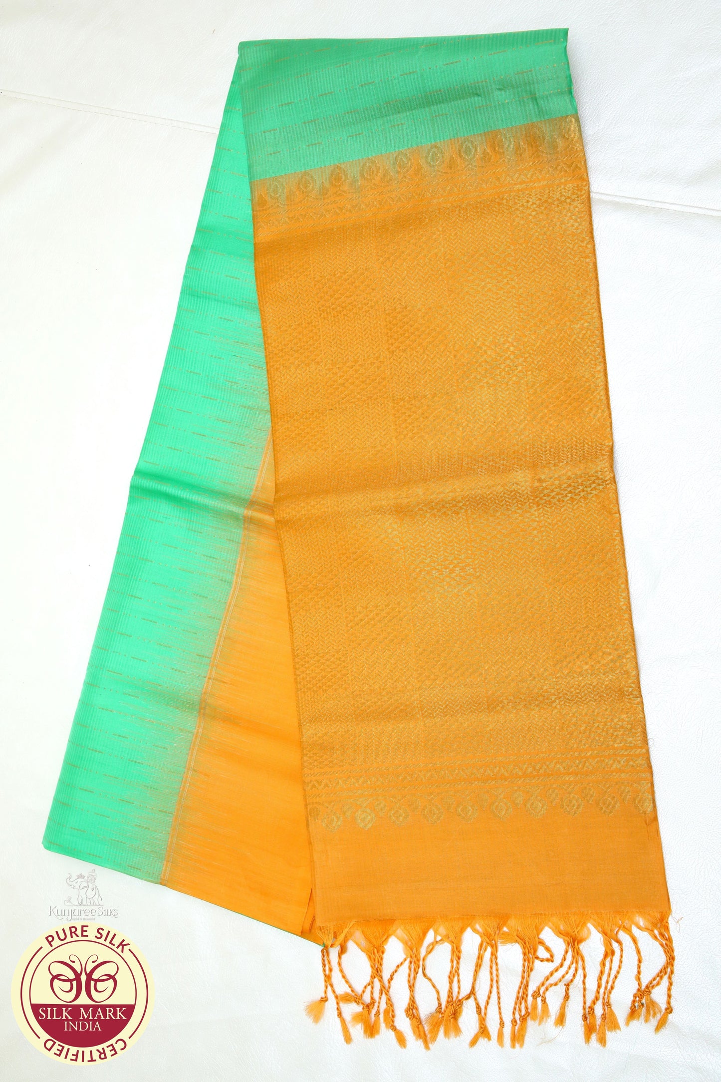 Light Orange with Green Gold Lines Pure Silks Saree