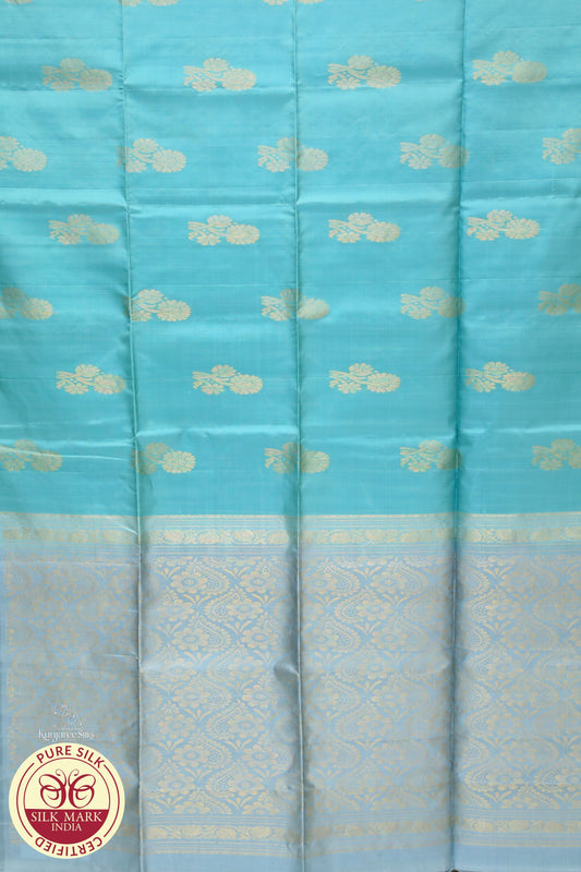 Sky Blue Golden Boarder Less Pure Silk Saree