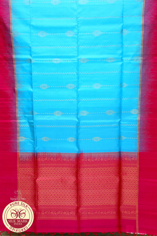 Blue with Pink Golden Pure Silk Saree