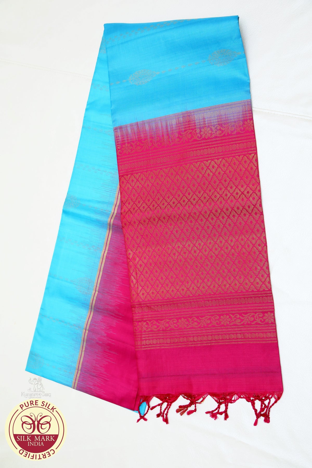 Blue with Pink Golden Color Pure Silk Saree