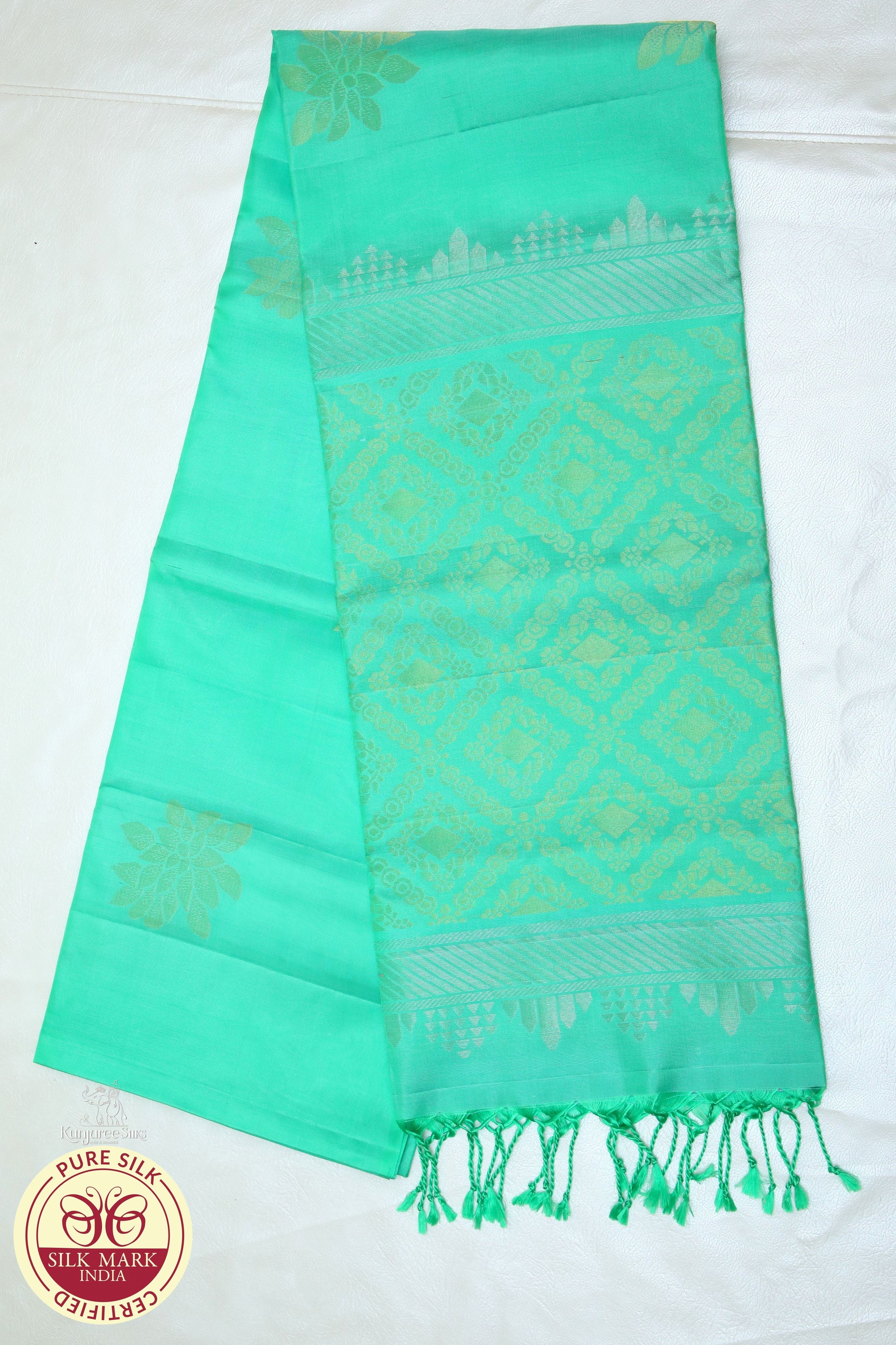 Green with gold self boarder less Pure Silk Saree