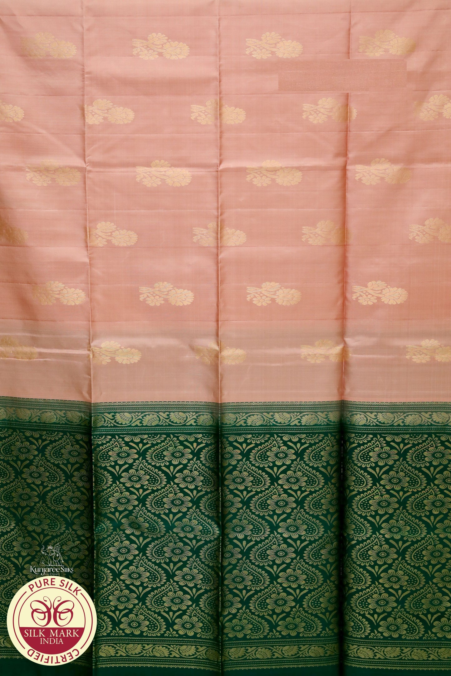 Onion with Bottle Green Boarder less pure silk Saree