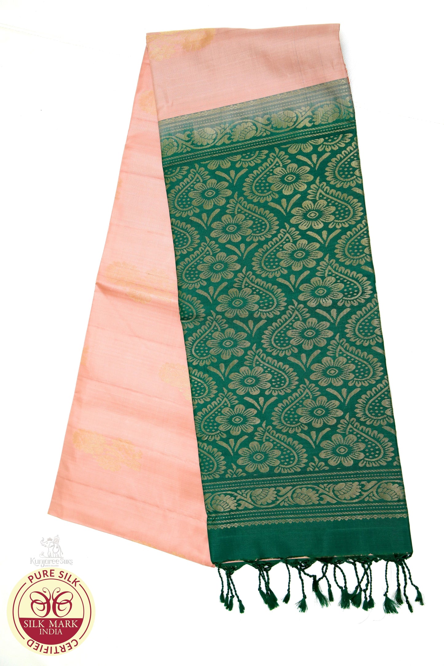 Onion with Bottle Green Boarder less pure silk Saree